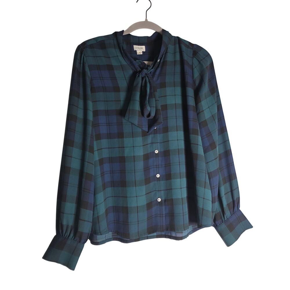 J Crew Womens Small Plaid Blouse Tie Long Sleeve Blue Green Top Dark Academia